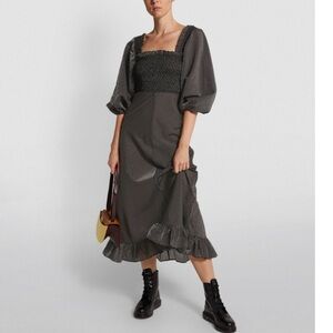 NWT Ganni Dress Seersucker Check Puff Sleeve Midi in Black